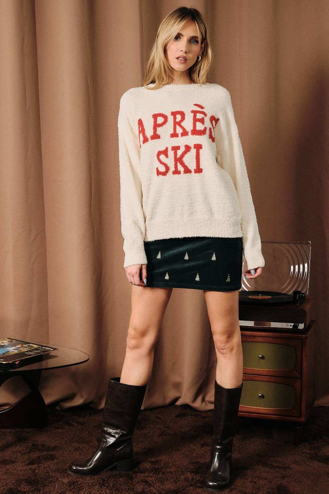 Apres Ski Fuzzy Crew Neck Long Sleeve Pullover Sweater: CREAM-RED / S