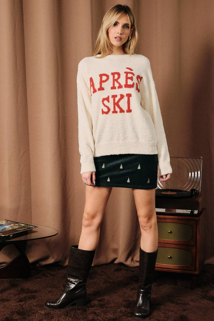 Apres Ski Fuzzy Crew Neck Long Sleeve Pullover Sweater: CREAM-RED / L