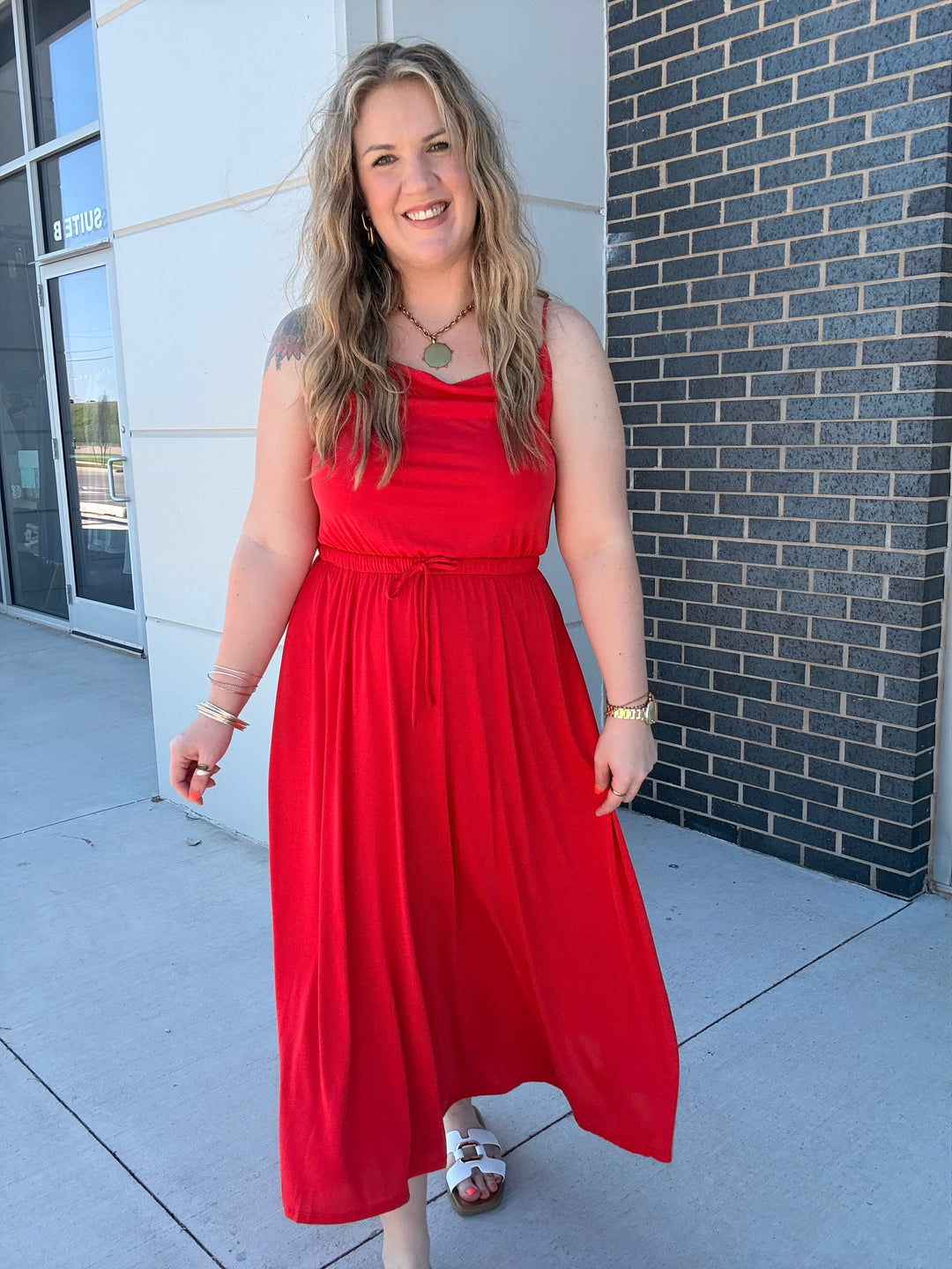 Red Cowl Neck Midi Dress