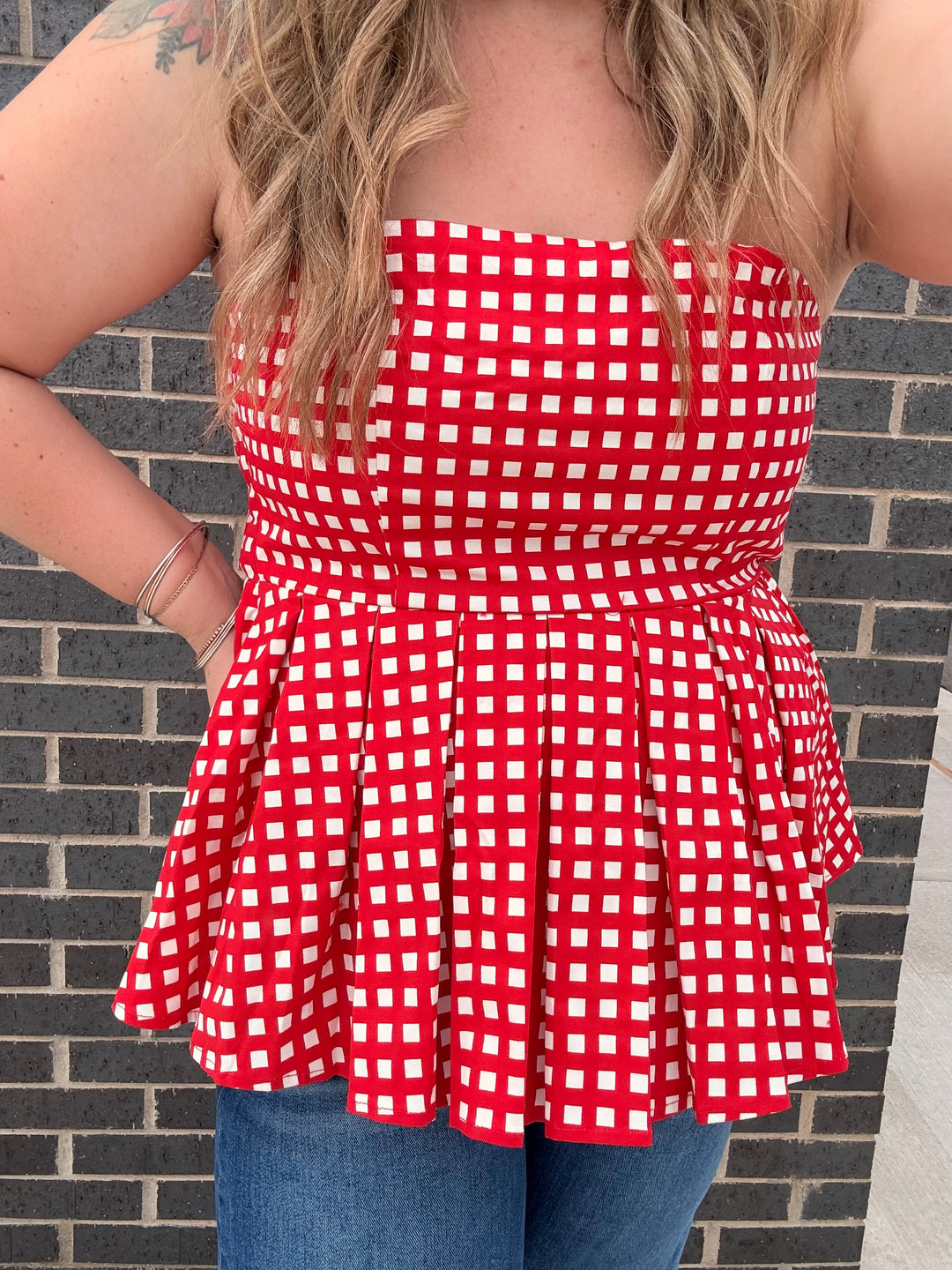 Red Checkered Strapless Blouse