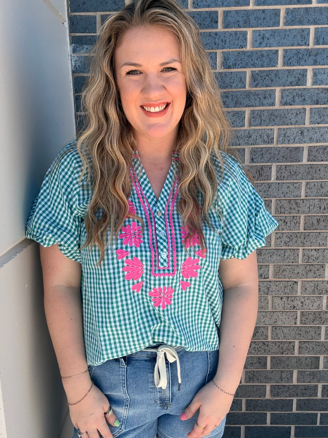 Green Gingham Pink Embroidered Flower Blouse