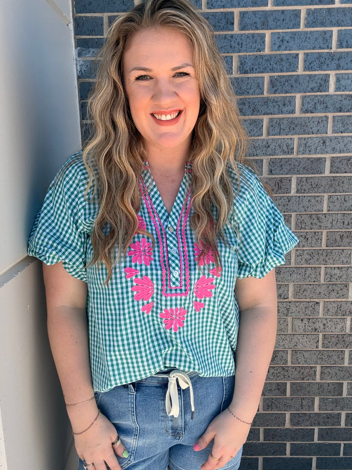 Green Gingham Pink Embroidered Flower Blouse