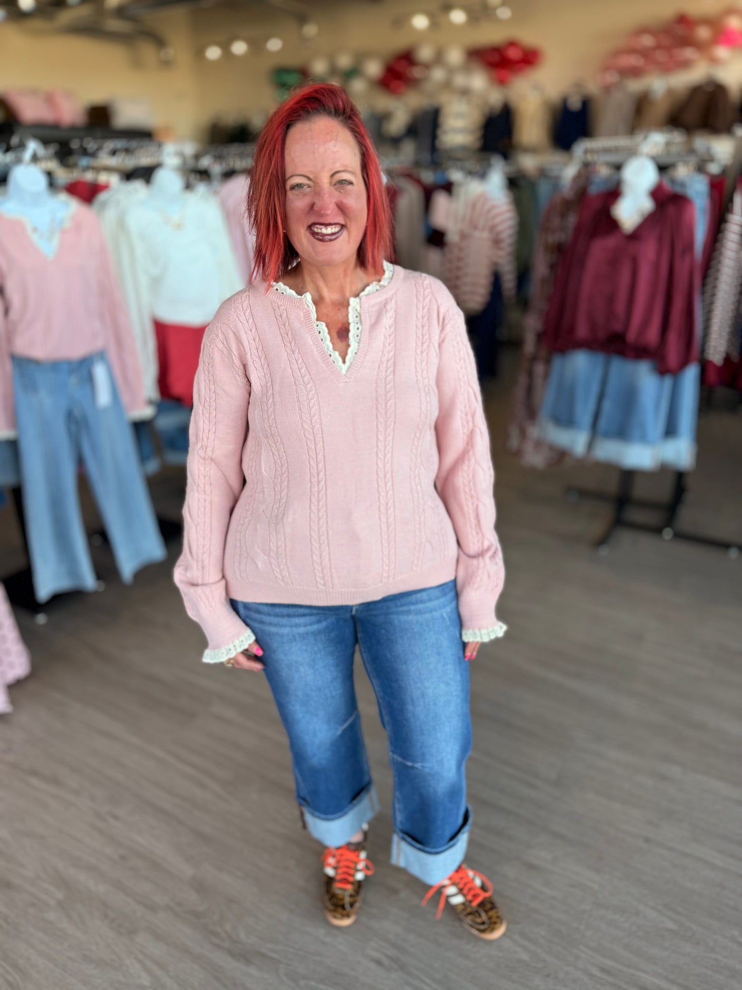 Blush Cable Knit w/Lace Trim Sweater