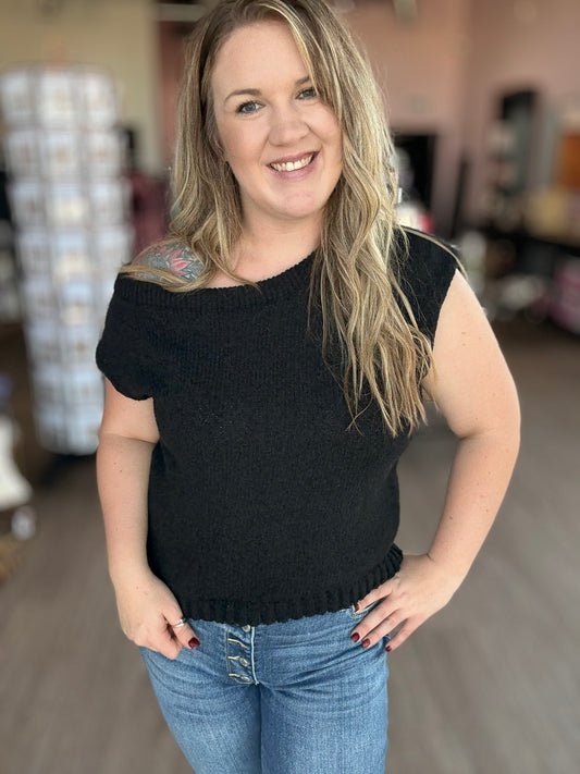 Wide Shoulder Black Knit Top