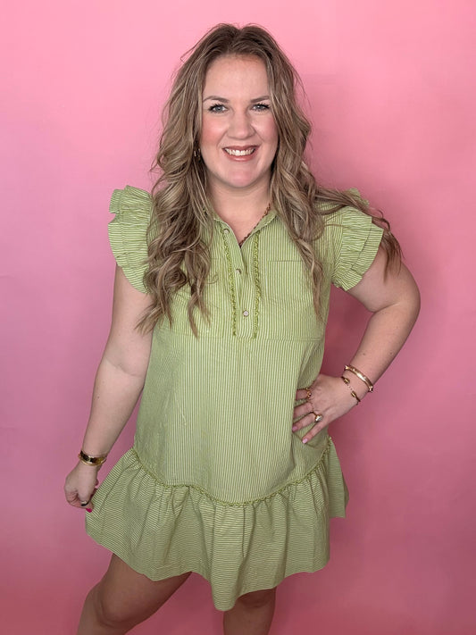 Avocado Pinstripe w/Scallop Dress