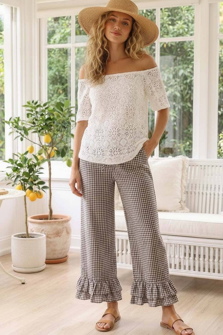 Gingham Casual Ruffled Hem 100%Cotton Cropped Pants VP83379A: Red / M