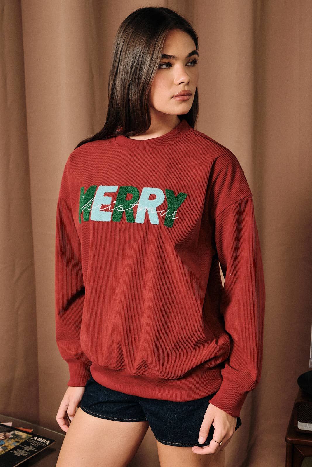 Merry Christmas Corduroy Long Sleeve Pullover Sweater: Red / S