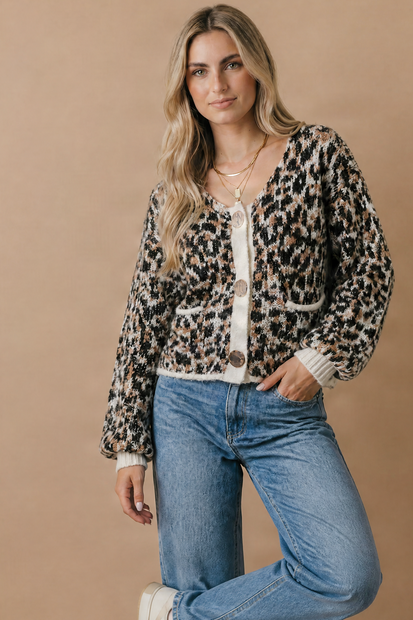 Scoop Neck Leopard Gold Buttons Cardigan: TAUPE / M