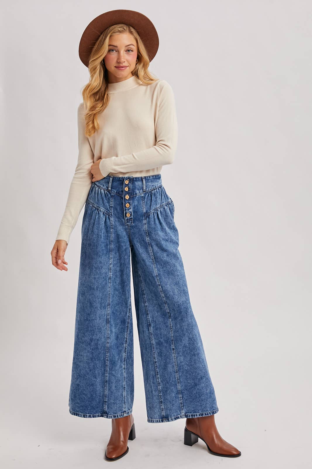 Retro Pleated Denim Wide Leg Jeans