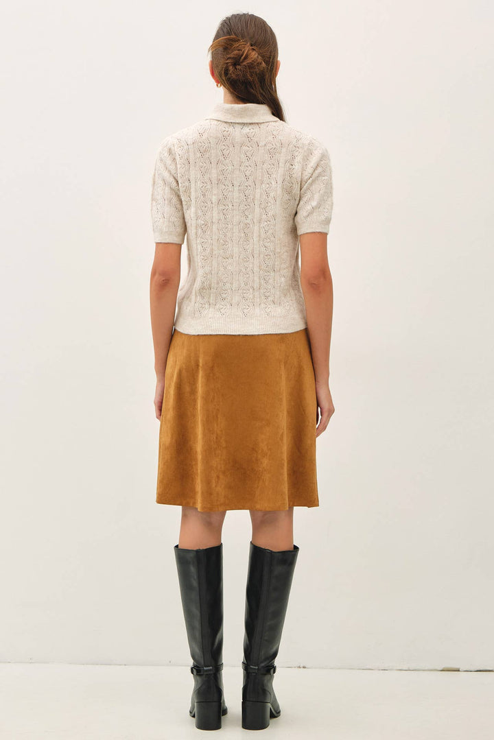 FAUX SUEDE  KNEE LENGTH A-LINE SKIRT: WINE / L
