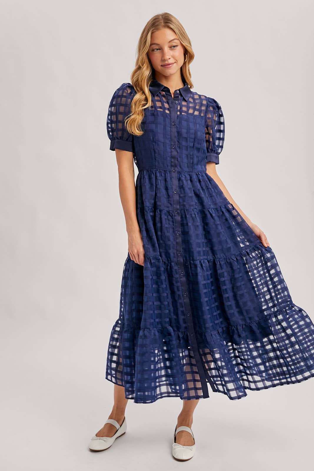 Navy Gridded Maxi Dress