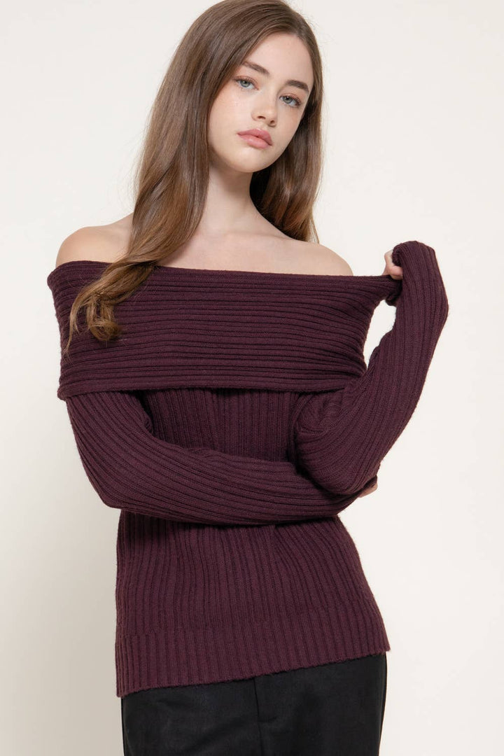 Plum Off The Shoulder Ribbed Sweater