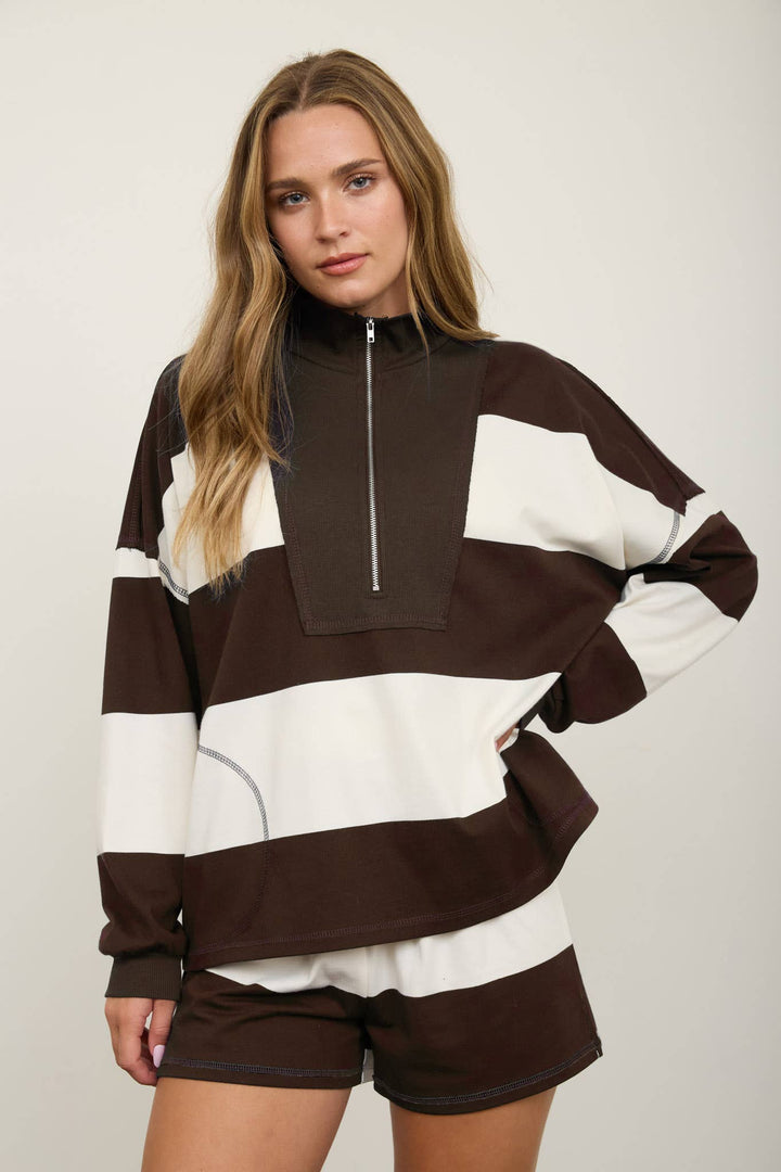 WIDE STRIPE HALF ZIP LONG SLEEVE KNIT TOP: NAVY