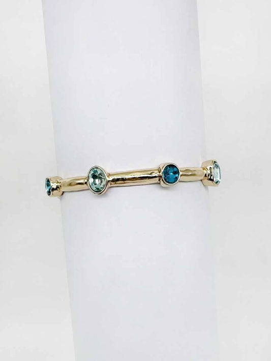 Gold Hammered Stretch Bracelet with Blue Crystal Accents