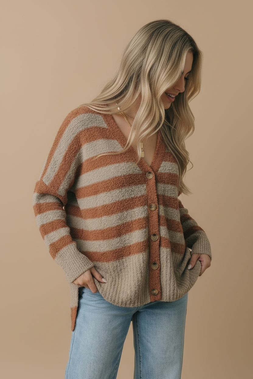V Neck Stripe Popcorn Oversized Fit Cardigan: BROWN/SLATE BLUE / S