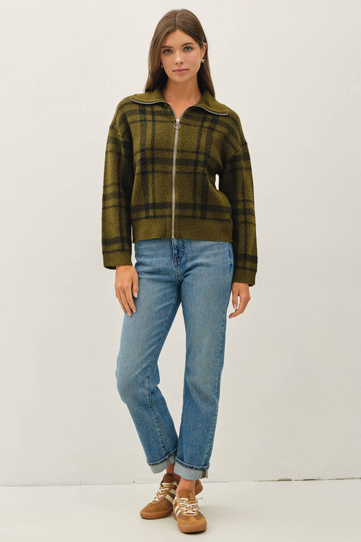 PLAID CHECK HIGH NECK COLLAR SWEATER JACKET: OLIVE / S