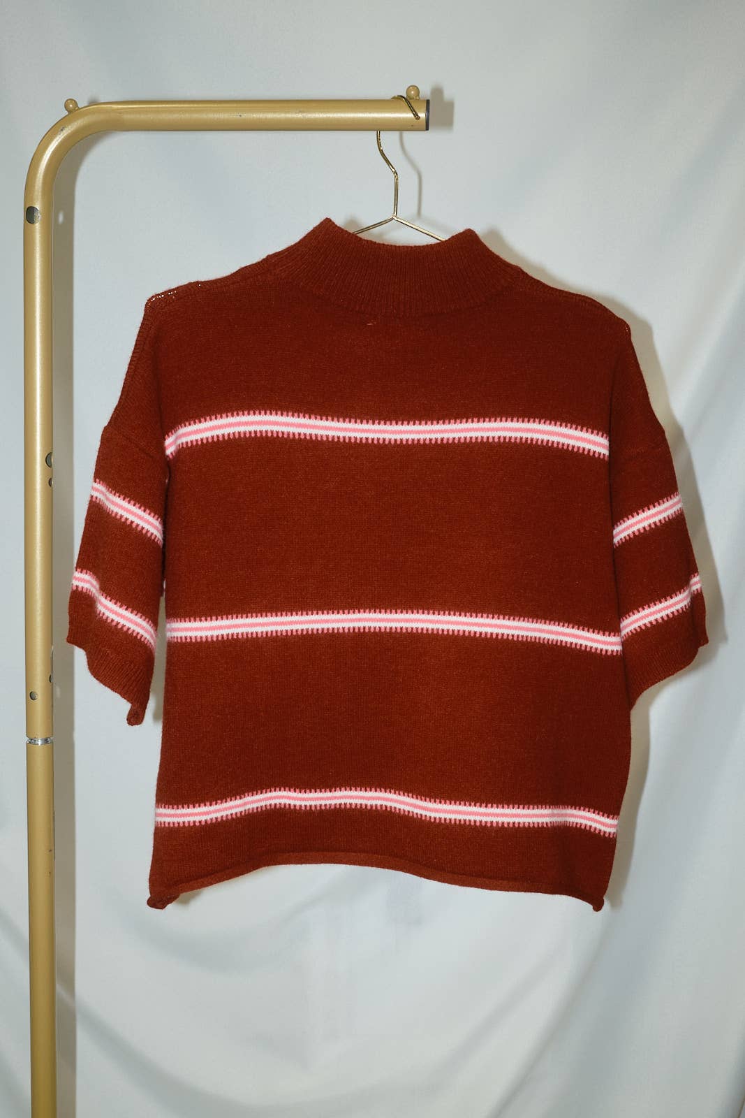 Mock Neck Short Sleeve Striped Sweater Top: BURG-MULTI STRIPE / S