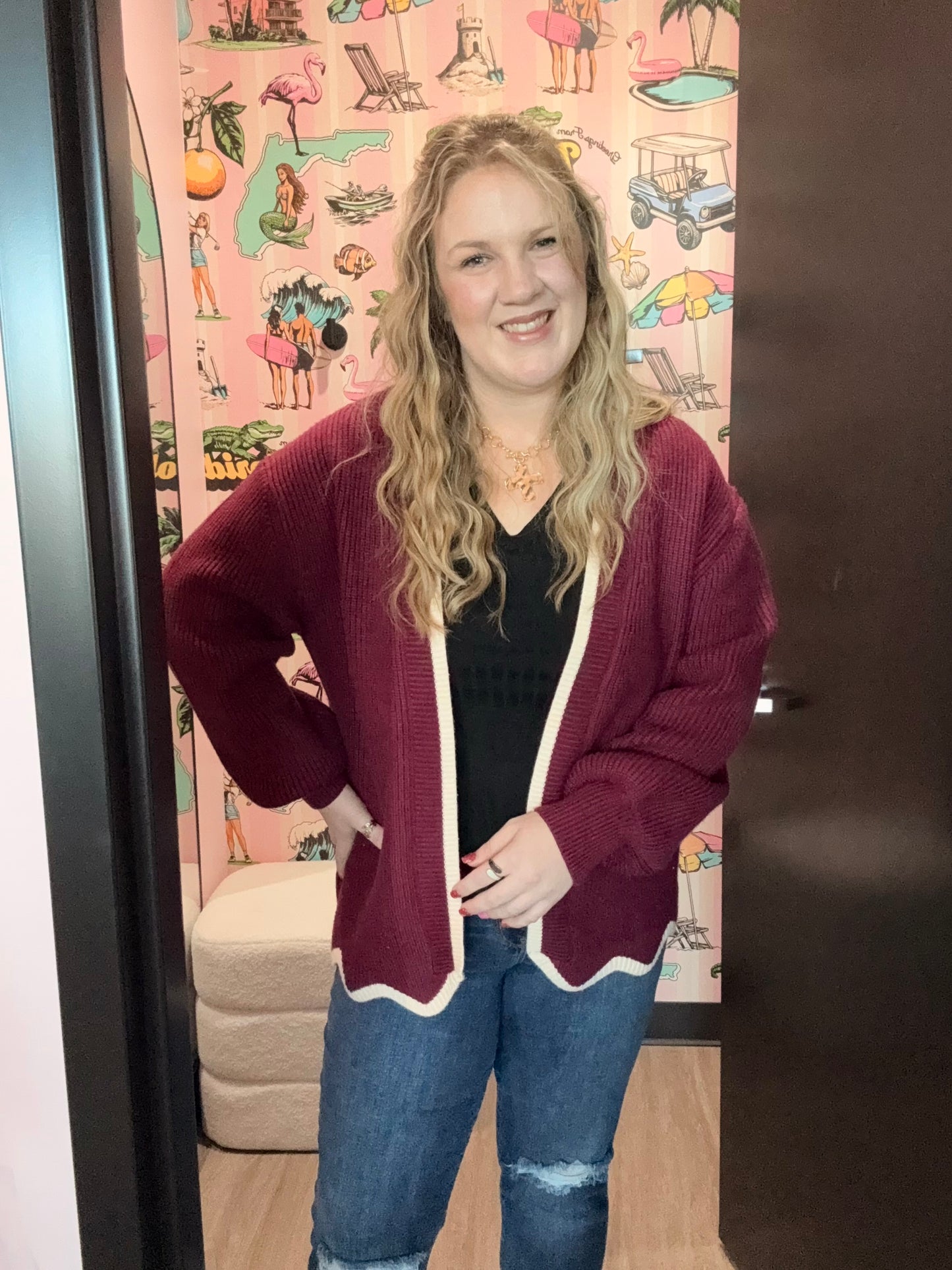 Wine Cardigan W/Cream Lining