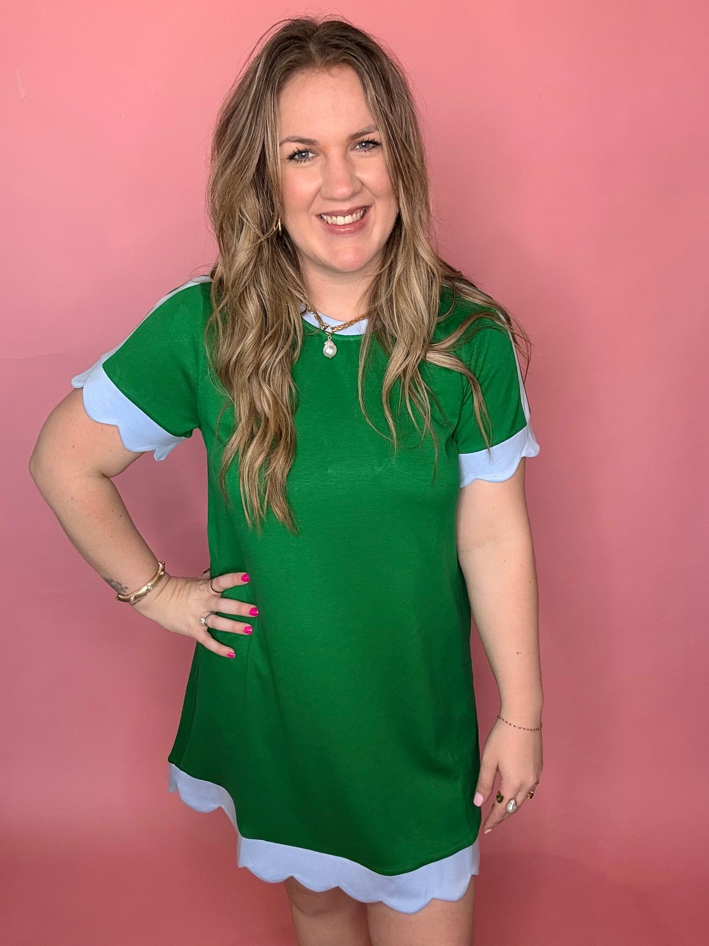 Green Dress w/Blue Scallop