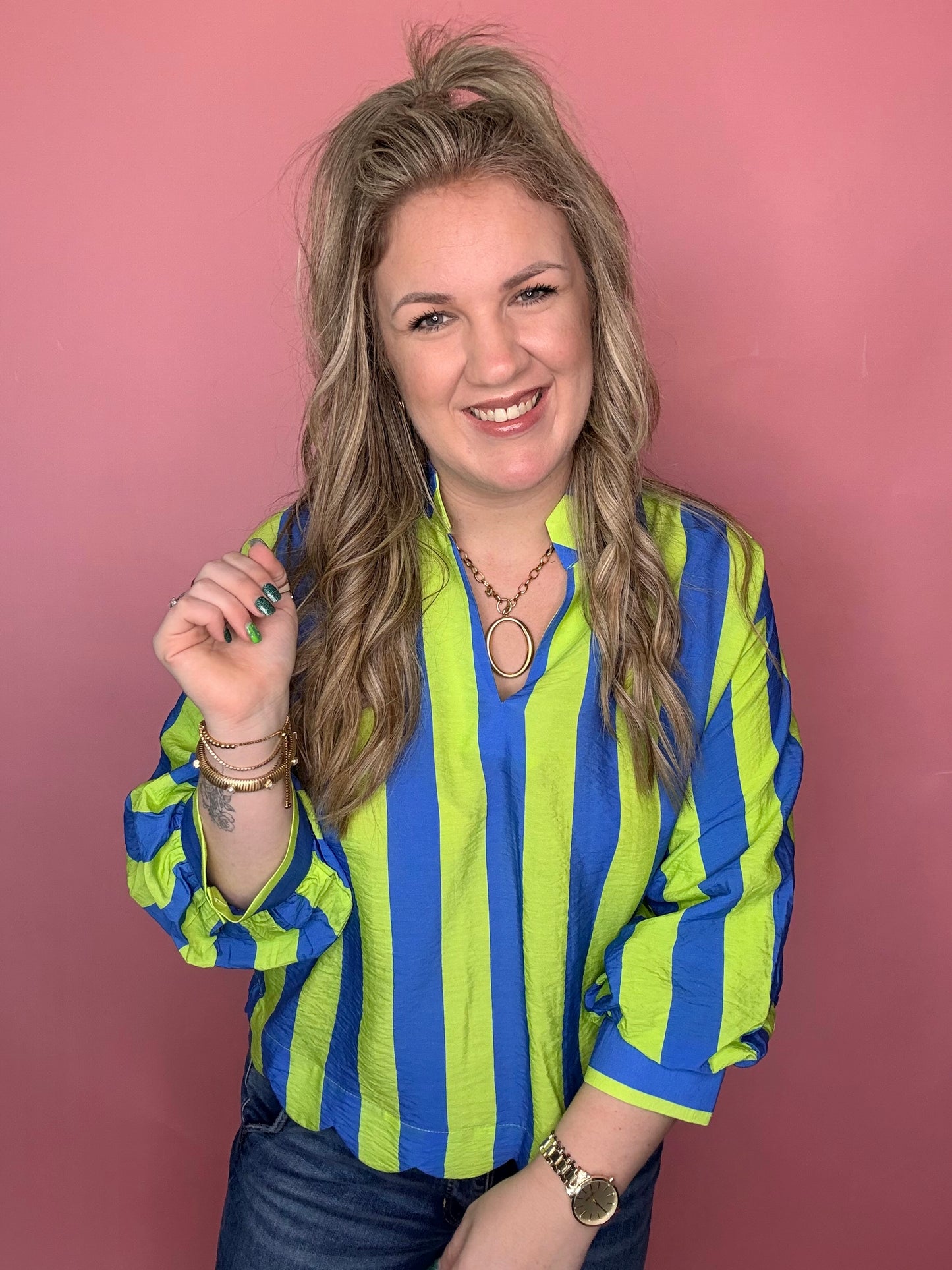 Lime Blue Striped Top