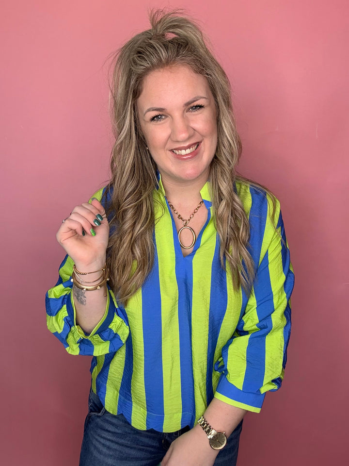 Lime Blue Striped Top