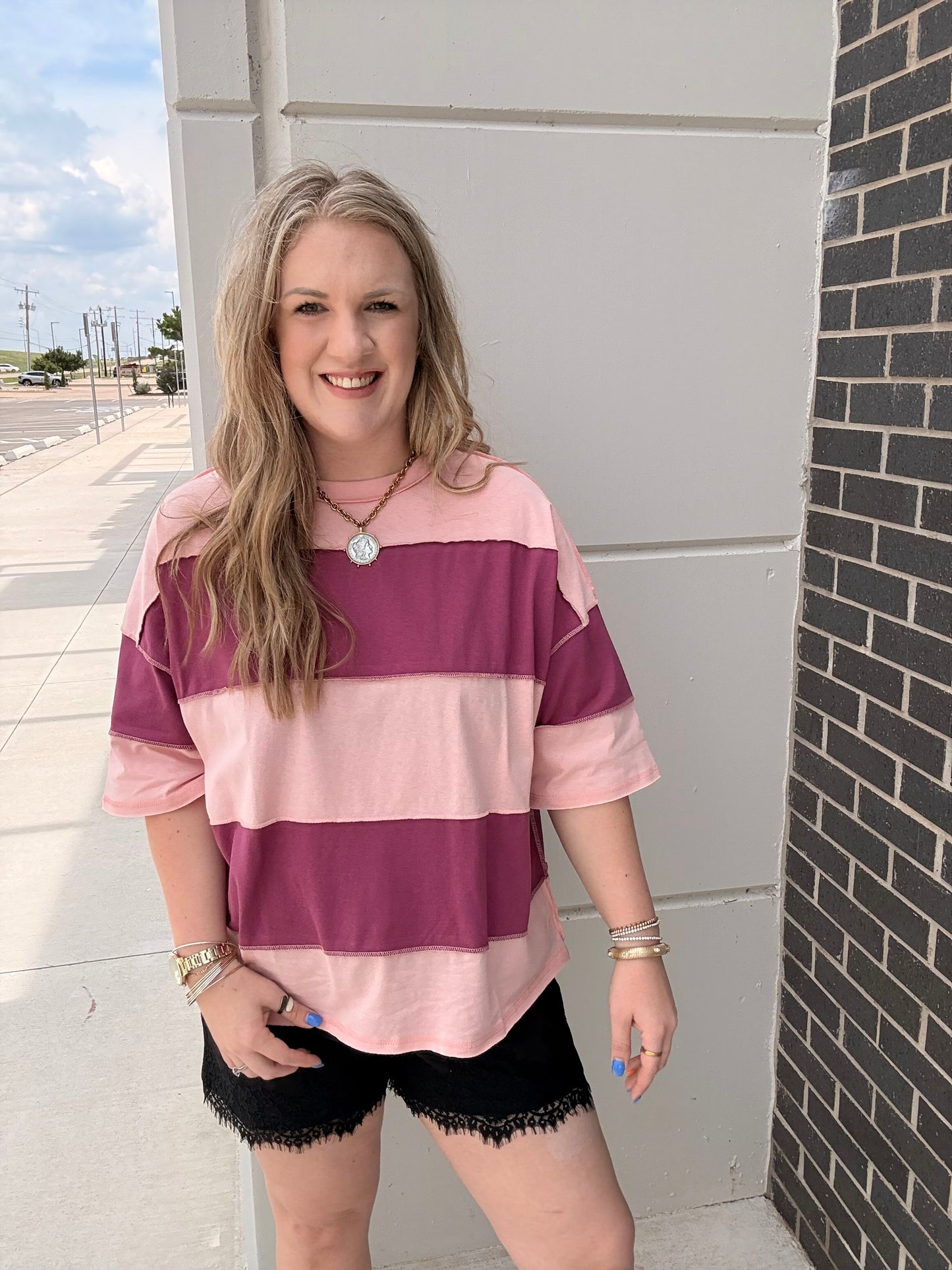 Salmon/Mauve Polly Color Block Top
