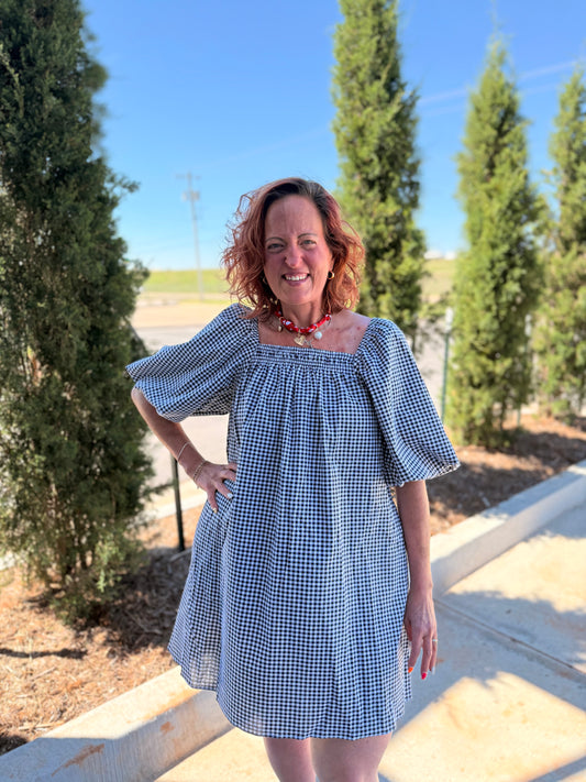 Gingham Square Neck Dress