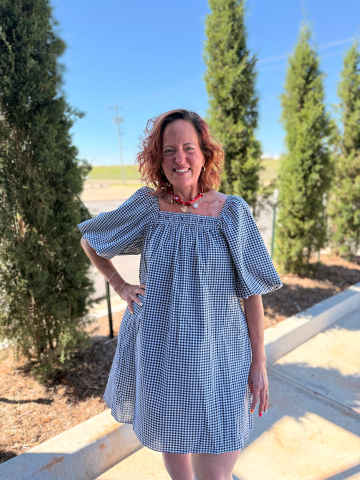 Gingham Square Neck Dress
