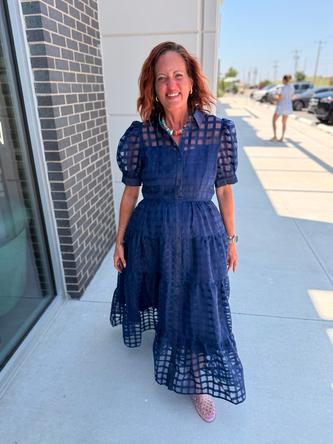 Navy Gridded Maxi Dress