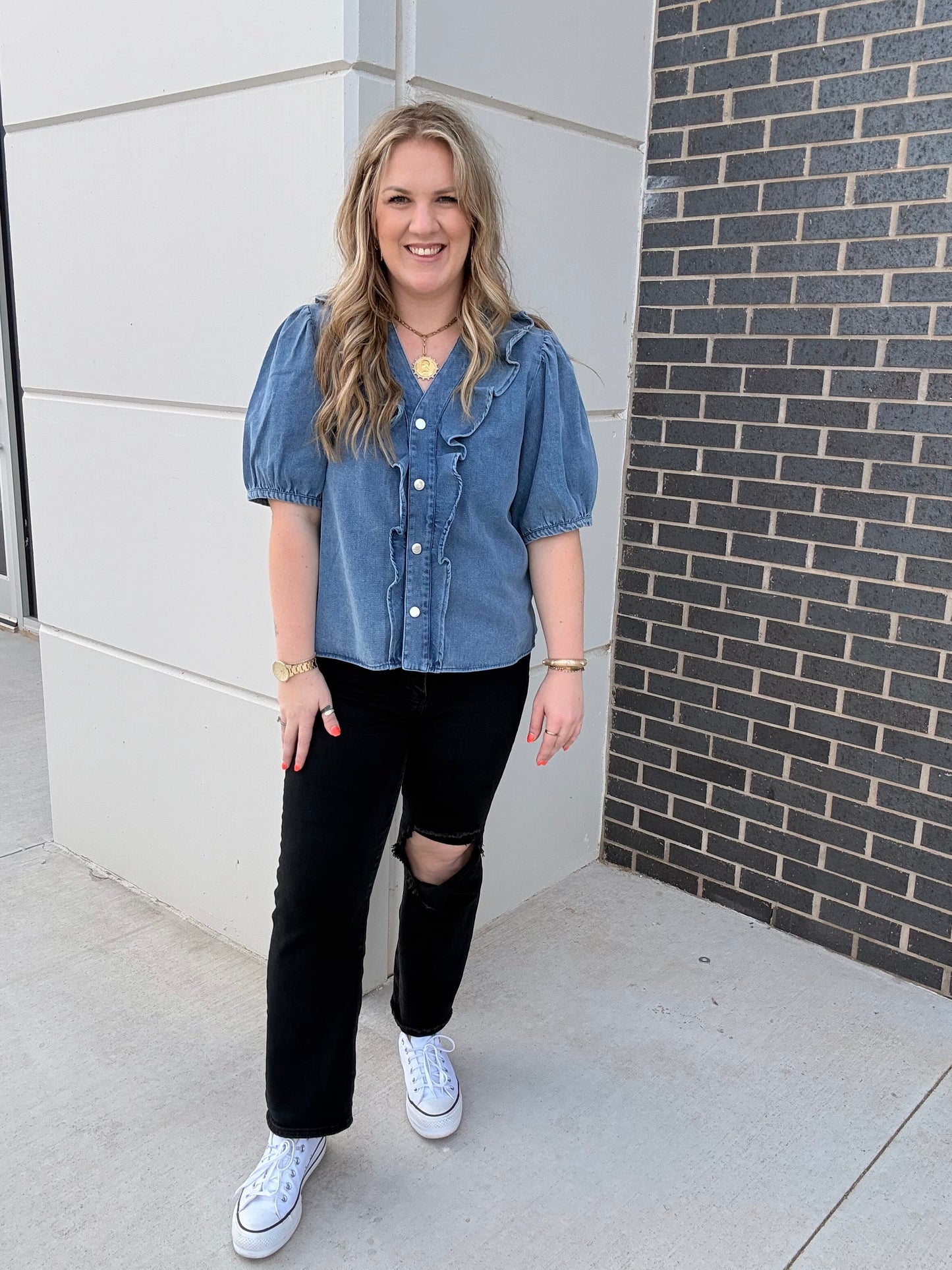 Ruffled Trim Denim Blouse