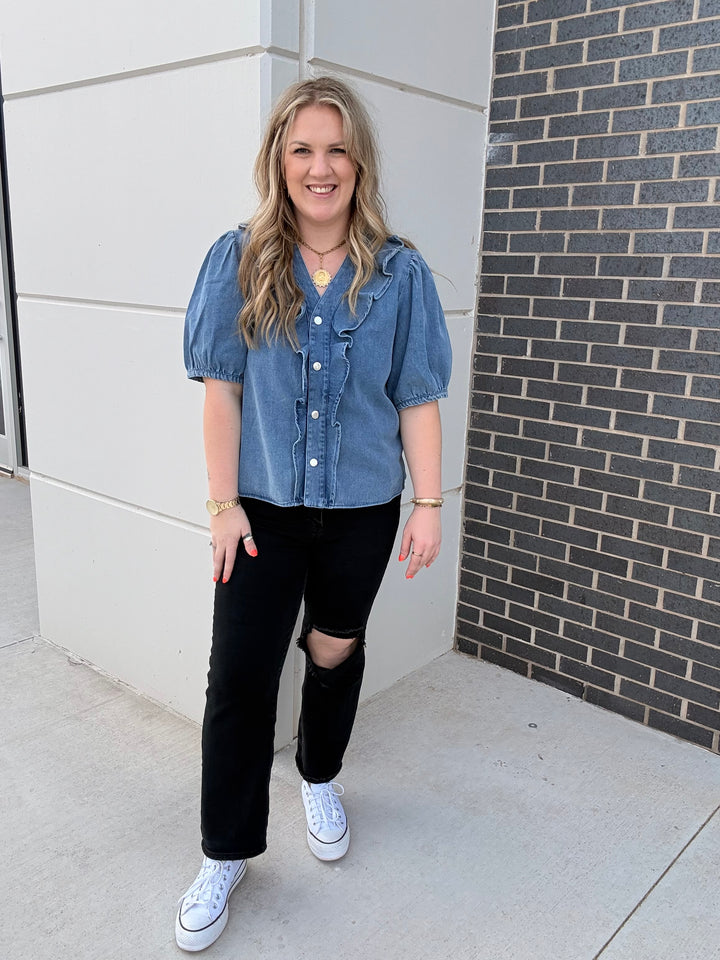 Ruffled Trim Denim Blouse