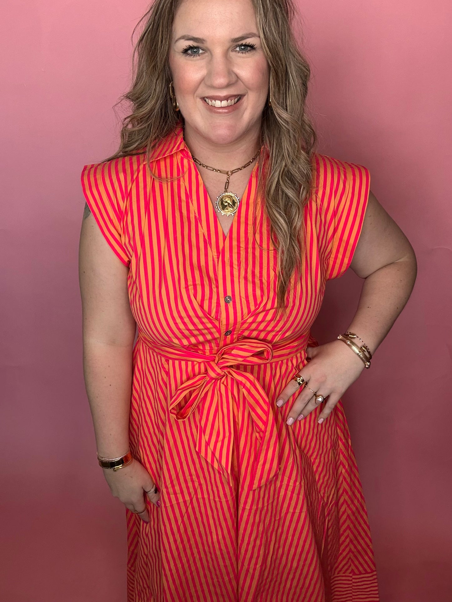 Hot Pink Stripe Tie Midi Dress