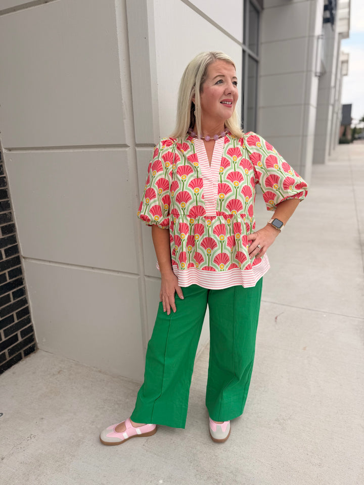 Pink/Green Fan Print w/Stripe Blouse