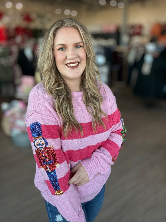 Pink Stripe Nutcracker Sweater