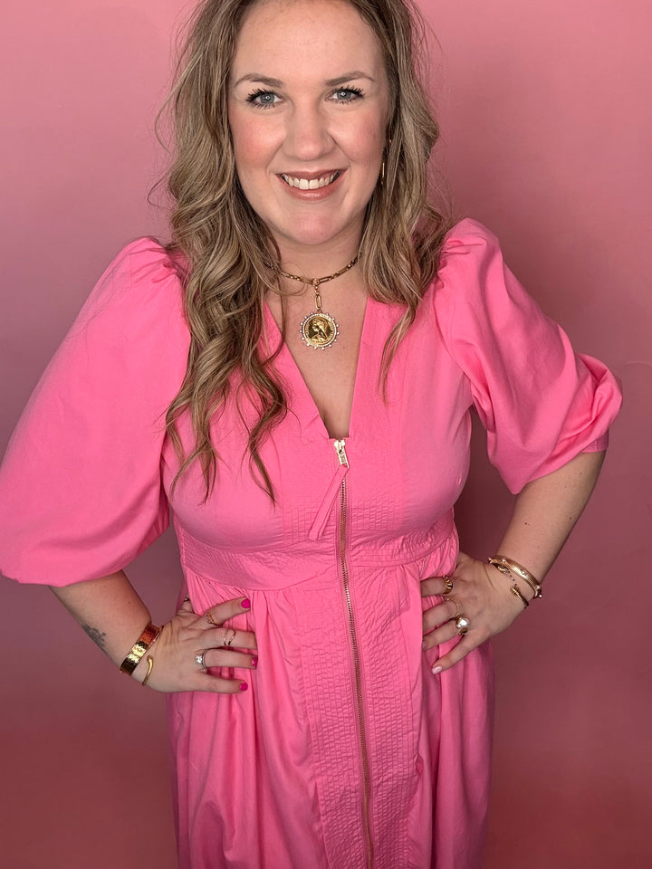 Pink Midi Dress w/Smock Waist