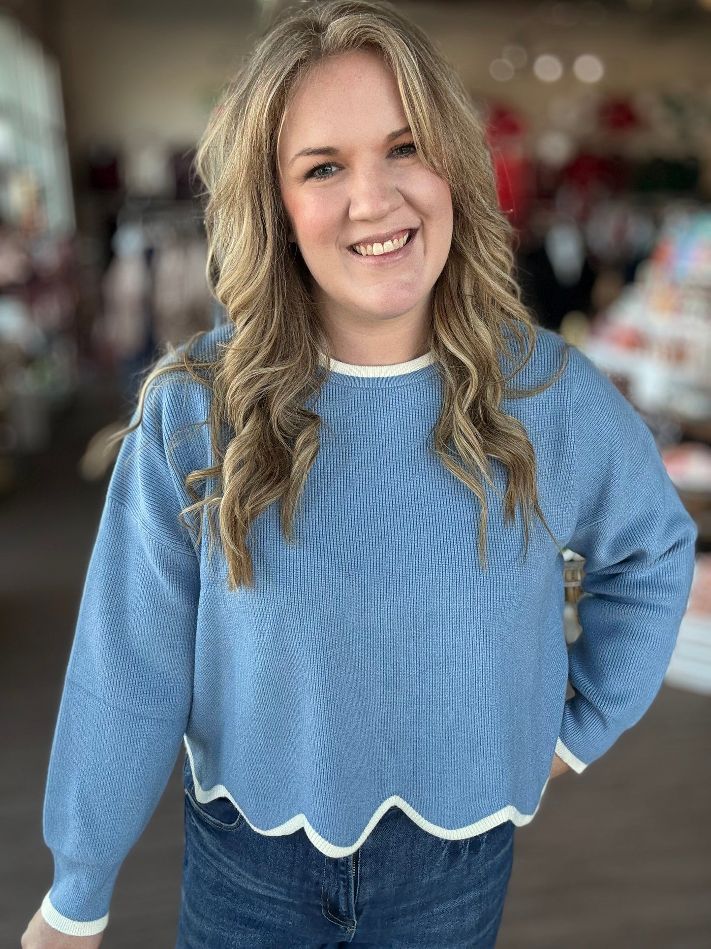 Blue Cream Scallop Hem Top