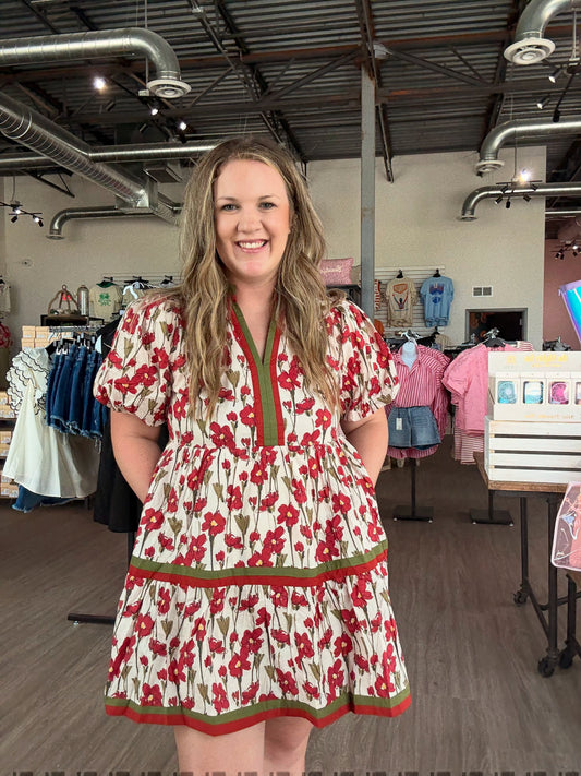 Red Floral Puff Sleeve Dress
