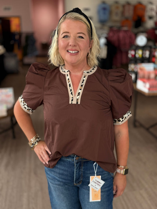 Brown Leopard Accent Top