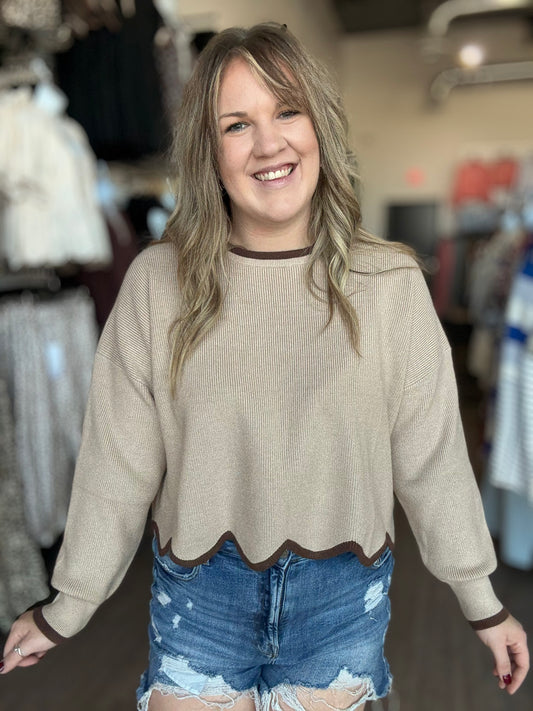 Light Mocha Scallop Hem Top
