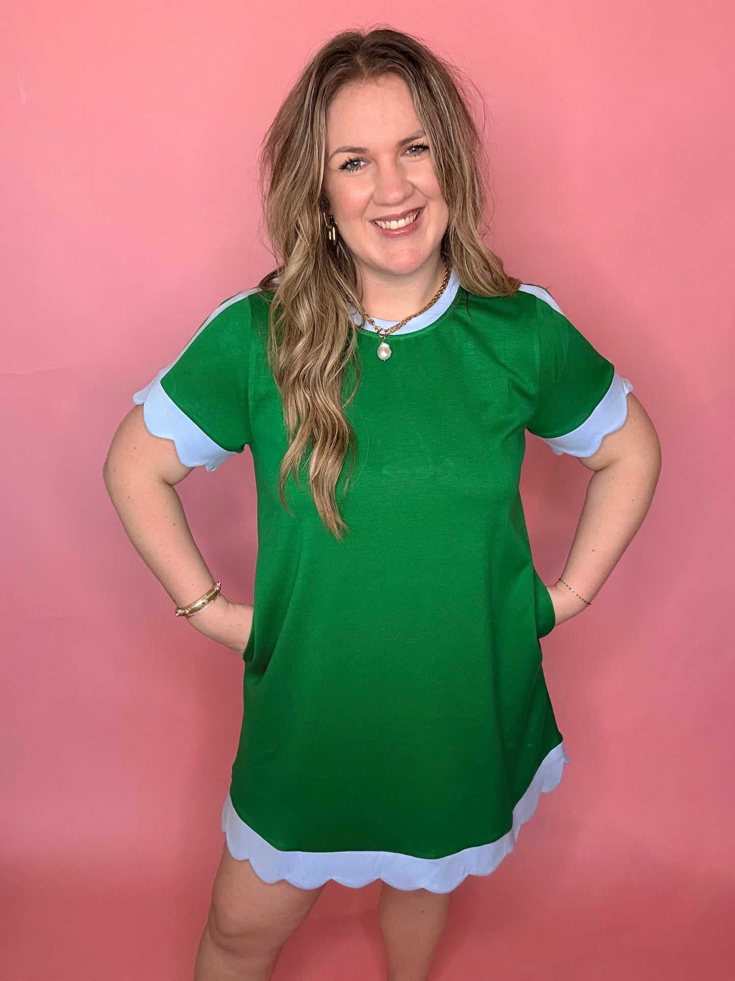 Green Dress w/Blue Scallop