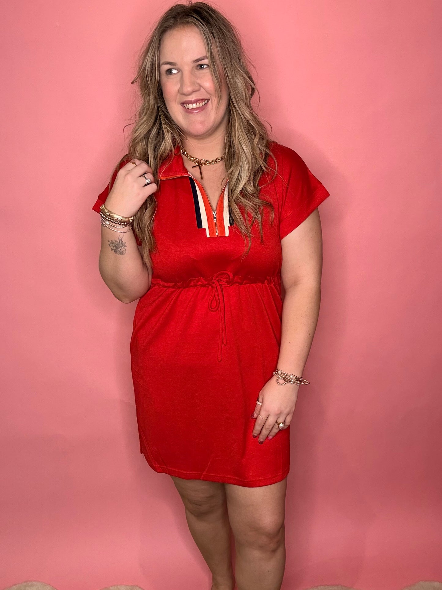 Red Scuba Cinched Tie Waist Dress