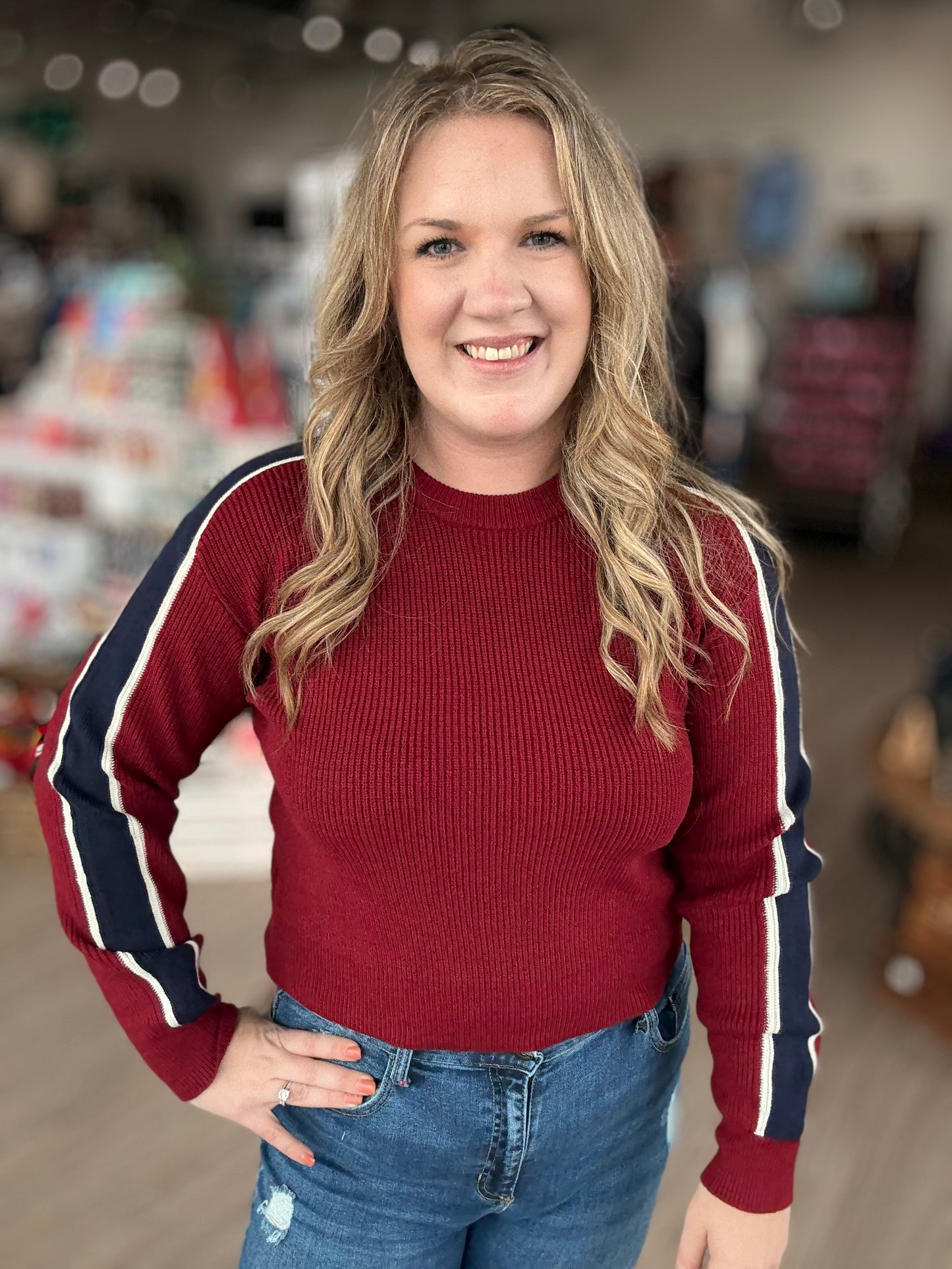 Black Friday- Burgundy/Navy Stripe Sweater