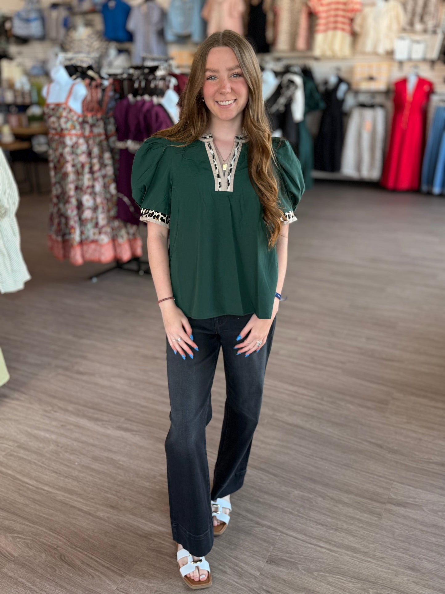 Green Leopard Accent Top