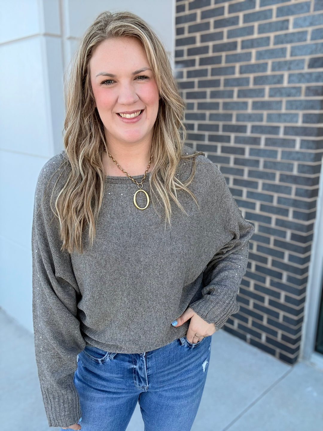 Taupe Wide Boat Neck Studded Sweater