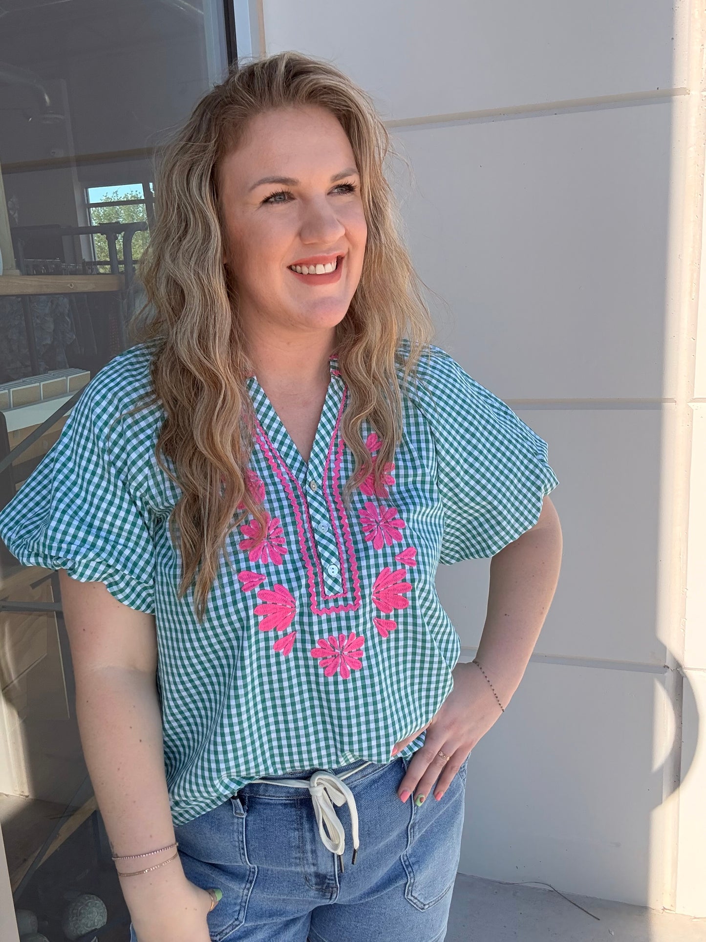 Green Gingham Pink Embroidered Flower Blouse