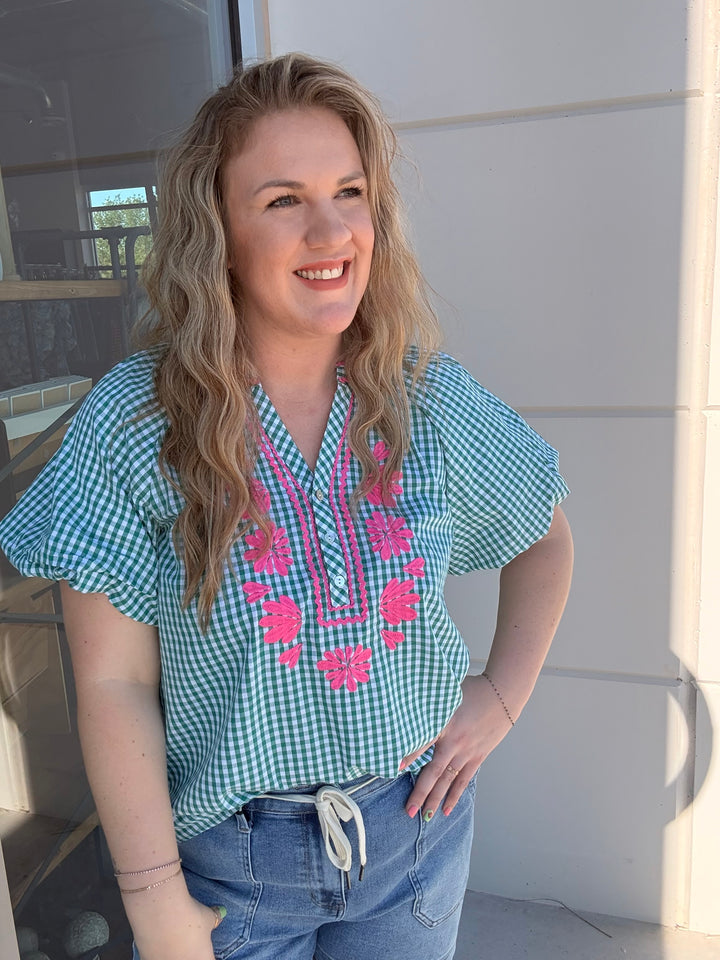 Green Gingham Pink Embroidered Flower Blouse