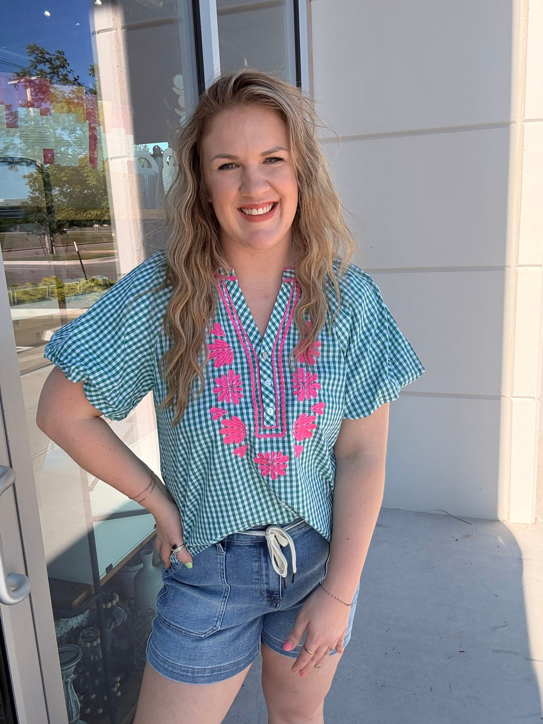 Green Gingham Pink Embroidered Flower Blouse