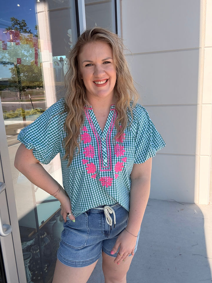 Green Gingham Pink Embroidered Flower Blouse