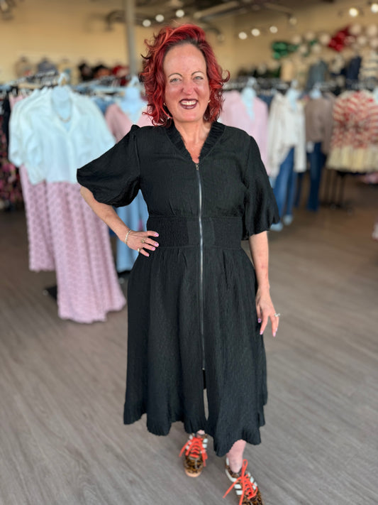 Black Smocked Waist Pleated Midi Dress