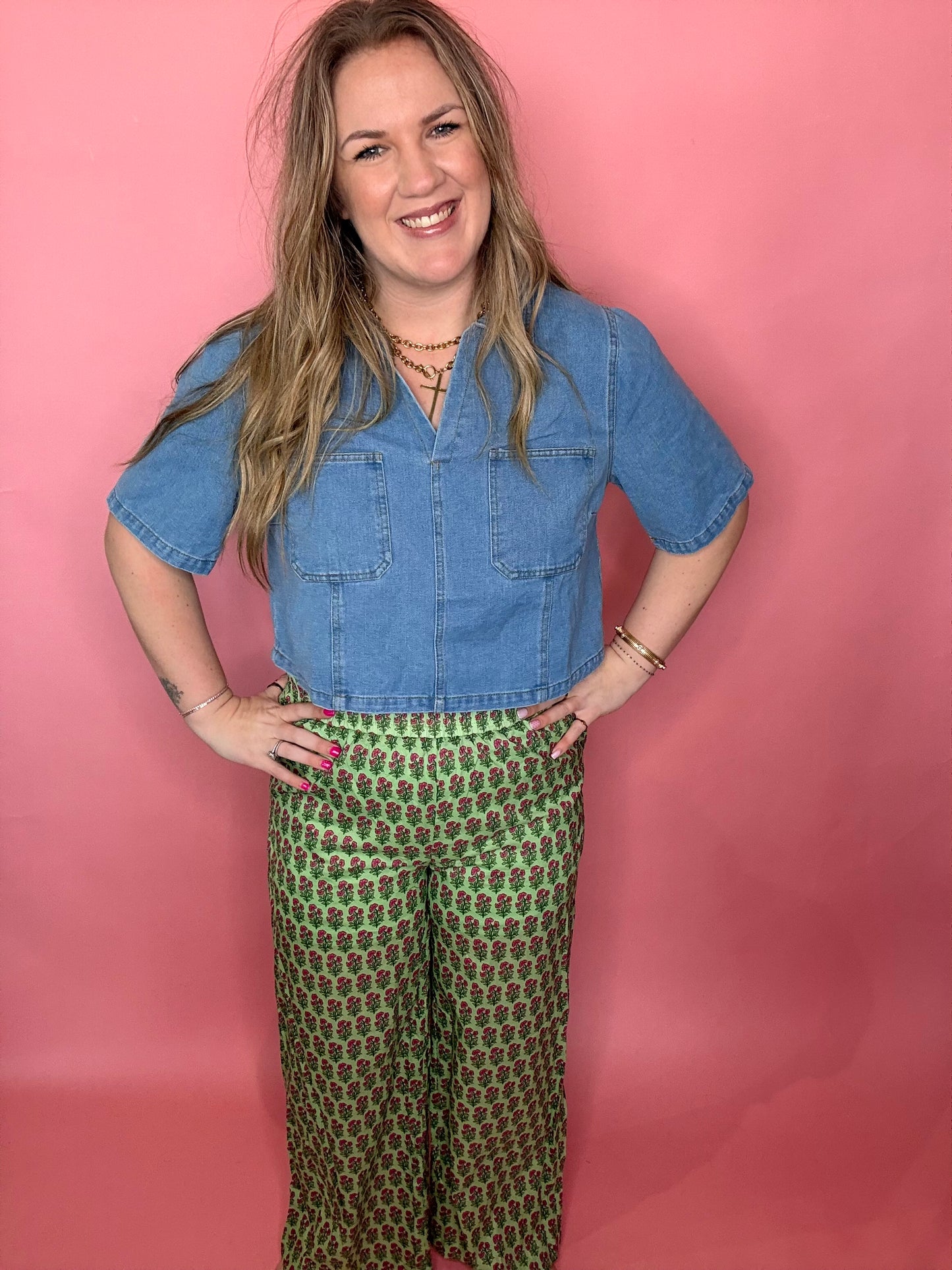 Green Flowy Pants w/Flowers